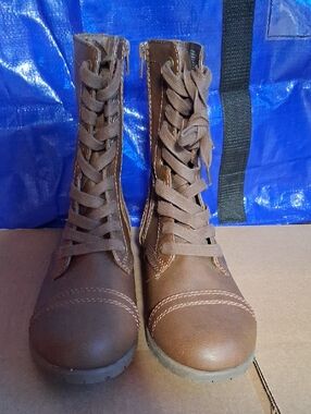 Time and Tru Brown Lace-Up Combat Ankle Boots with Side Zip
